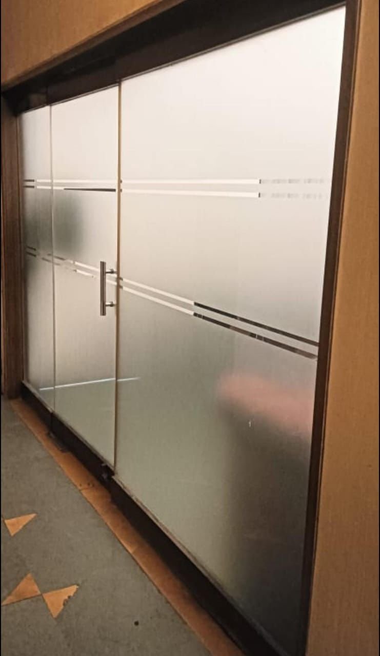 Frosted glass door with privacy stripes